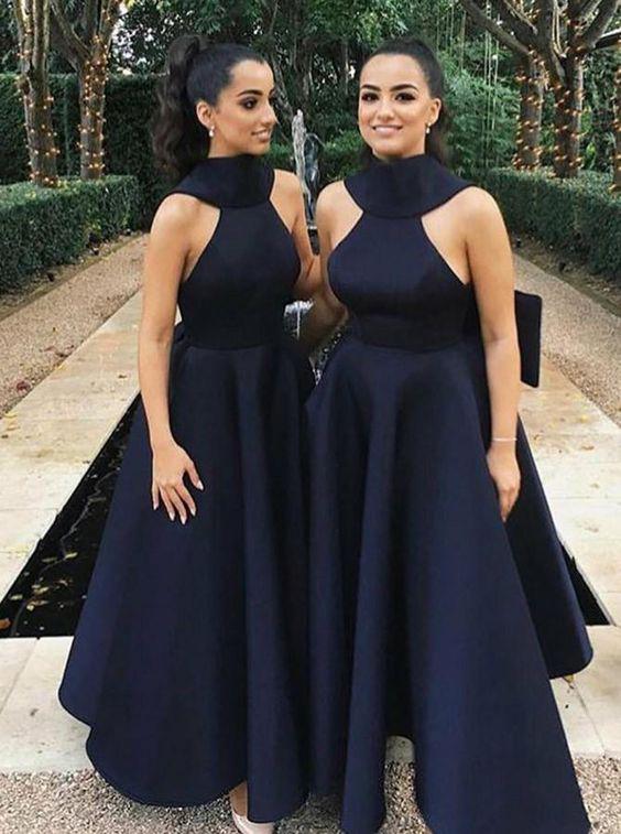 Ball Gown High Neck Satin V Neck Bridesmaid Dresses with Bowknot, Wedding Party Dress SRS15559