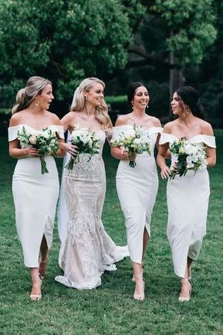 Elegant White Off the Shoulder Split Ankle Length Sheath Bridesmaid Dresses SRS15219