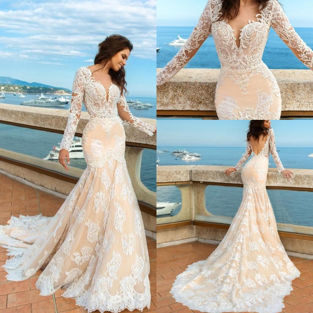 2024 White Lace Mermaid Deep V-Neck Backless Long Sleeve Wedding Dresses RS835
