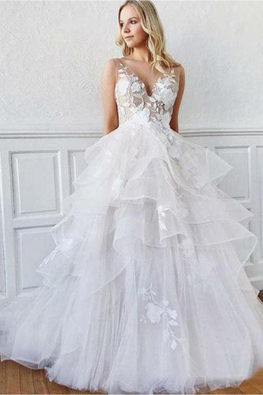 A-Line V Neck Sweep Train Wedding Dress With Appliques
