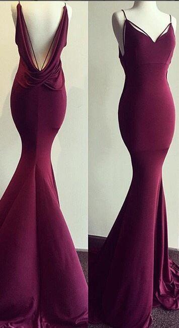 Sexy Mermaid Long Spaghetti Maroon Prom Dress Ball Gown Prom Dresses RS711