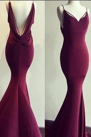 Sexy Mermaid Long Spaghetti Maroon Prom Dress Ball Gown Prom Dresses RS711