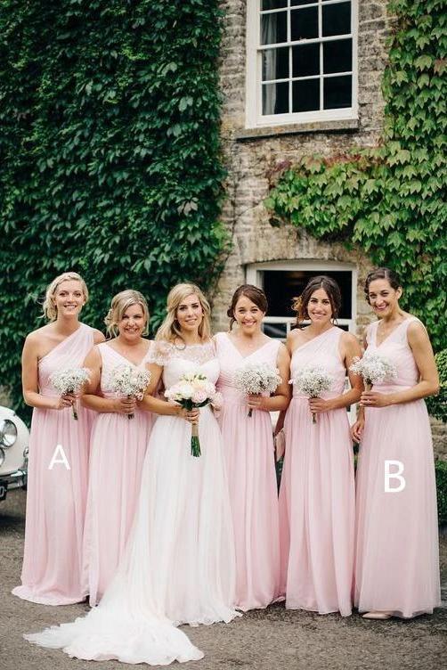 A Line Pink One Shoulder Chiffon Long Simple Bridesmaid Dresses, Wedding Party Dresses SRS15552