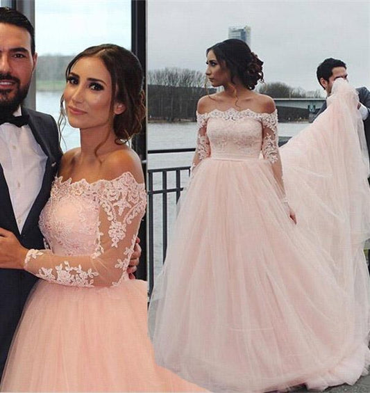 Off the Shoulder Long Sleeves Pink A-line Wedding Dresses, Blush Pink Tulle Bridal Dresses SRS15270