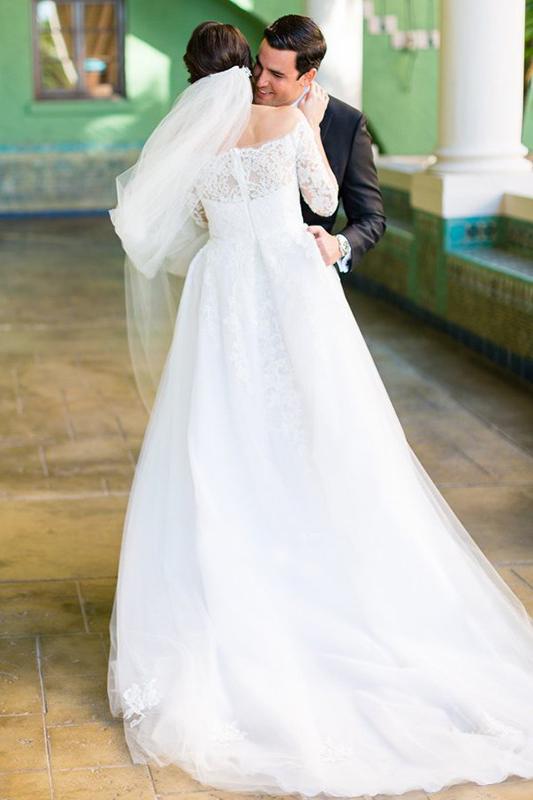 Long Sleeve Off the Shoulder Tulle Wedding Dresses, A line Lace Elegant Wedding Gowns SRS15244