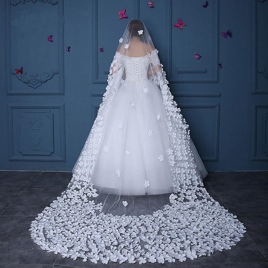 Long Tulle Ivory Wedding Veils with Hand Made Flowers, Wedding Veils SRS15583