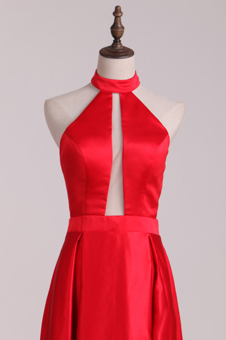 New Arrival Halter A Line Evening Dresses Satin Sweep SRSPXRSZSBM