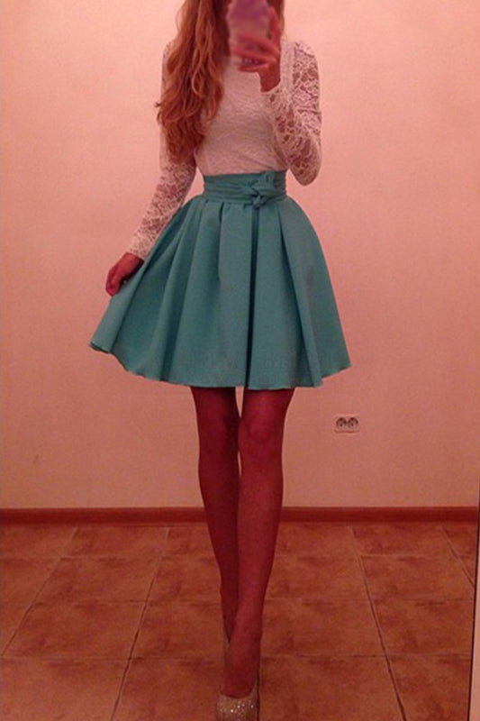 2024 Cocktail Dresses A Line Scoop Long Sleeves Satin & Lace