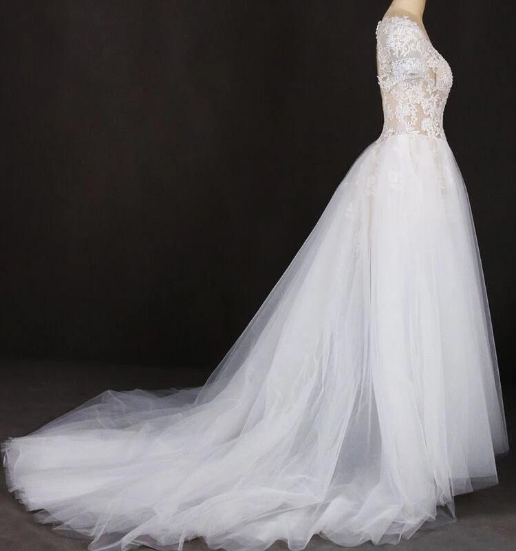 A-line Short Sleeves Beads V Neck Lace Applique Wedding Dresses, Bridal Dress SRS15051