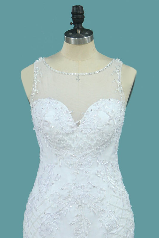 2024 Tulle Mermaid Scoop Wedding Dresses With Applique And Beads