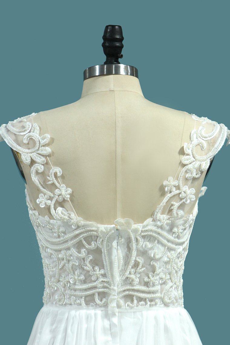 2024 Chiffon A Line Straps Wedding Dresses With Applique And Beads