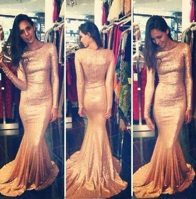 Sequins Prom Dresses Long Sleeves Simple Long Mermaid Evening Gowns RS152