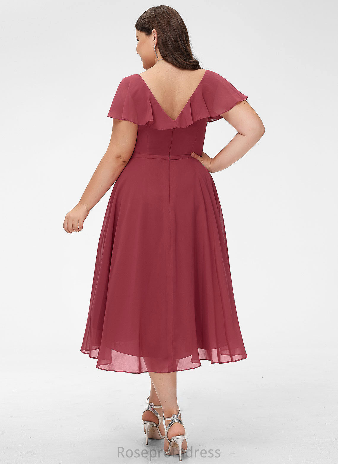 Neckline Fabric A-Line Silhouette Embellishment Length Ruffle V-neck Asymmetrical Violet Bridesmaid Dresses
