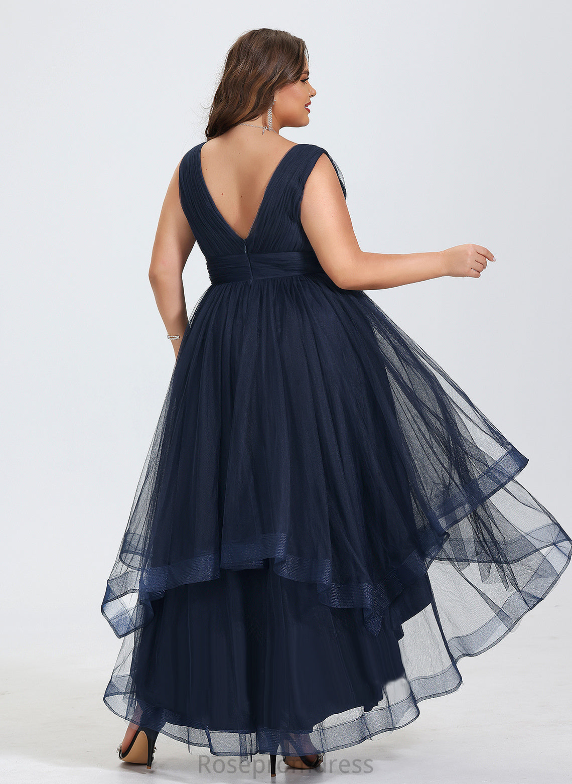 Tulle Pleated V-neck A-Line With Cascading Dress Asymmetrical Cocktail Cocktail Dresses Ruffles Nina