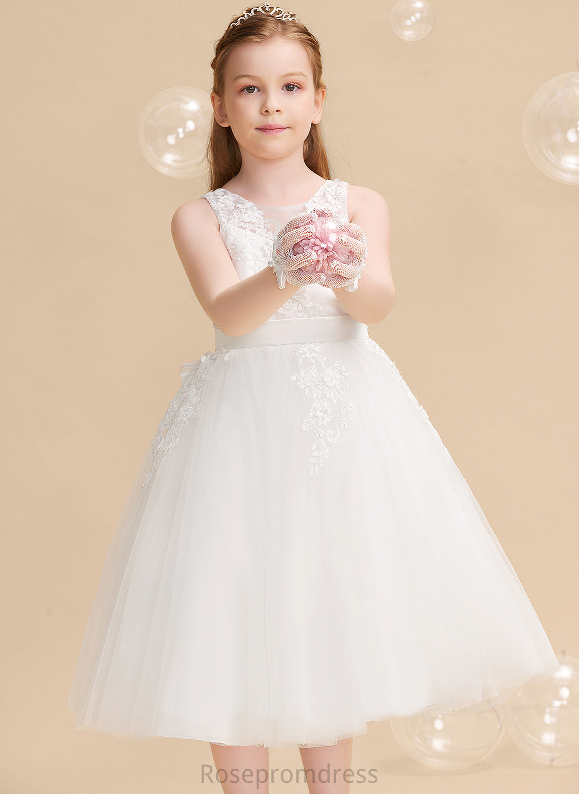 A-Line With Tea-length Sleeveless Beading/Flower(s) Meghan Tulle/Lace Dress - Flower Girl Scoop Flower Girl Dresses Neck