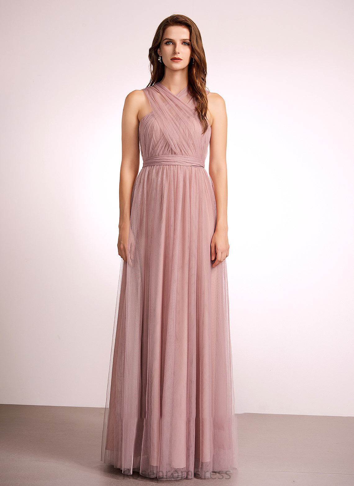 Neckline One-Shoulder Fabric Straps A-Line Length Silhouette V-neck Off-the-Shoulder Tulle Floor-Length Leslie Bridesmaid Dresses