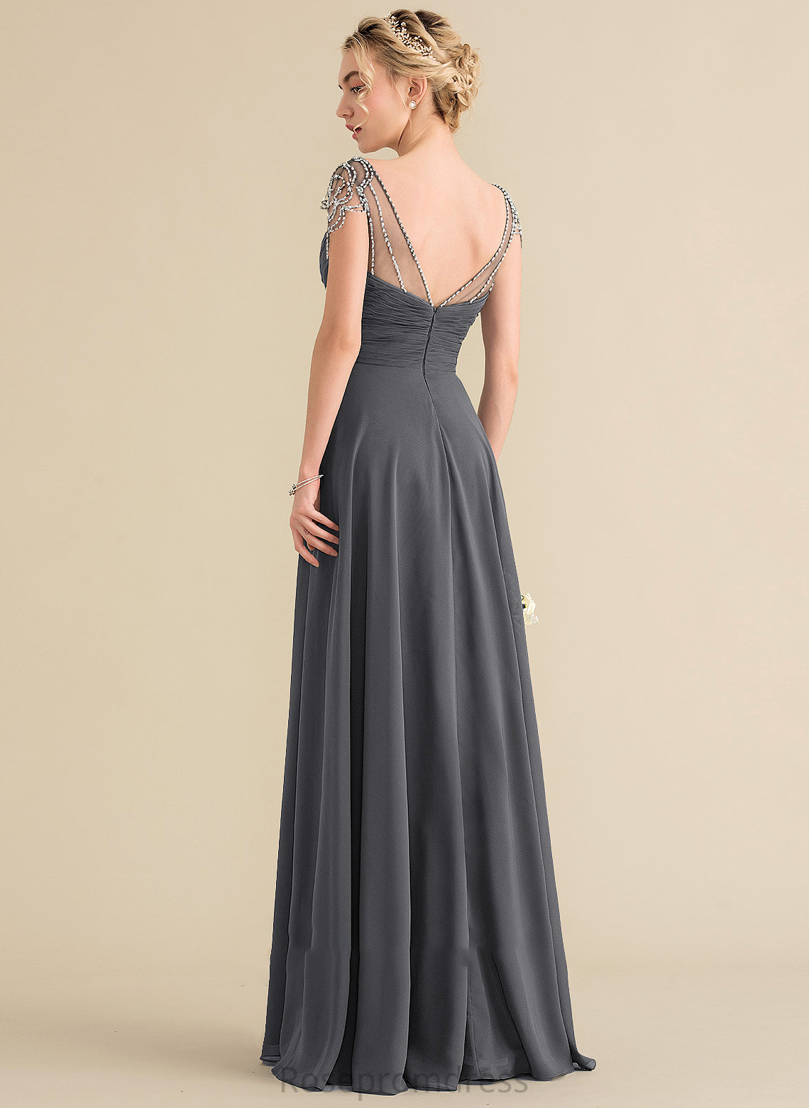 Beading Fabric Embellishment Neckline Silhouette Ruffle Floor-Length Sequins A-Line V-neck Length Aliya Bridesmaid Dresses