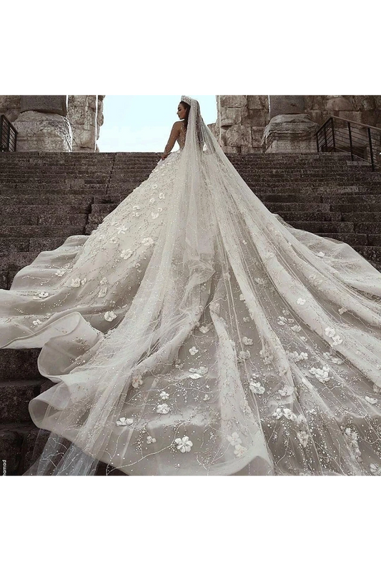Gorgeous Long Sleeves Flowers Ball Gown Wedding Dress With Sequin Beaded