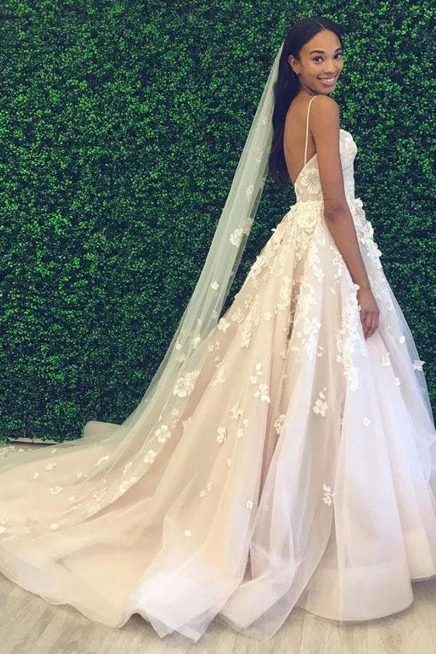 Princess Spaghetti Straps Sweetheart Wedding Dresses with Appliques, Wedding Gowns SRS15307