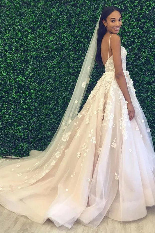 Princess Spaghetti Straps Sweetheart Wedding Dresses with Appliques, Wedding Gowns SRS15307