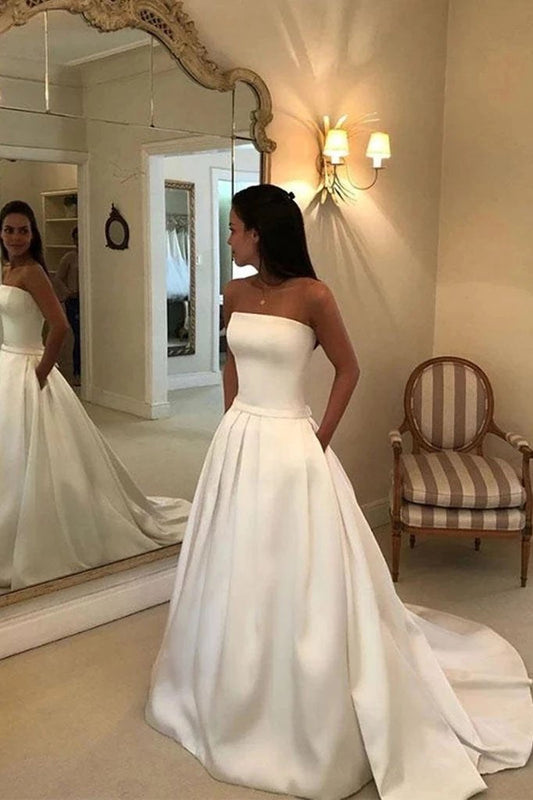 Charming A Line Satin Strapless Wedding Dresses with Pockets, Long Bridal Dresses SRS15091