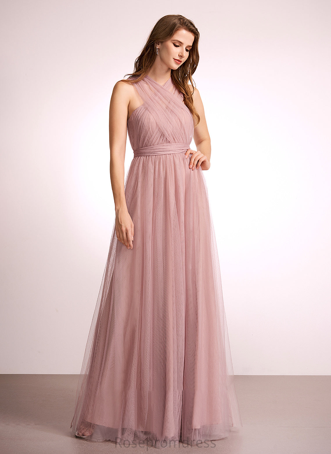 Neckline One-Shoulder Fabric Straps A-Line Length Silhouette V-neck Off-the-Shoulder Tulle Floor-Length Leslie Bridesmaid Dresses