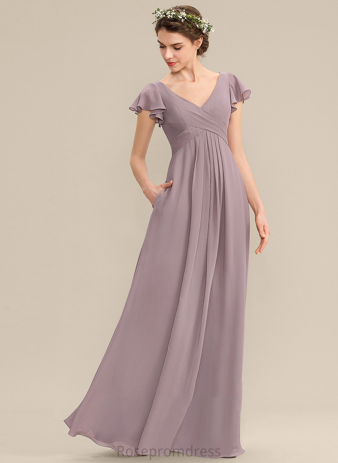 A-Line Length Embellishment Pockets Neckline CascadingRuffles Silhouette Floor-Length V-neck Fabric Cameron Bridesmaid Dresses