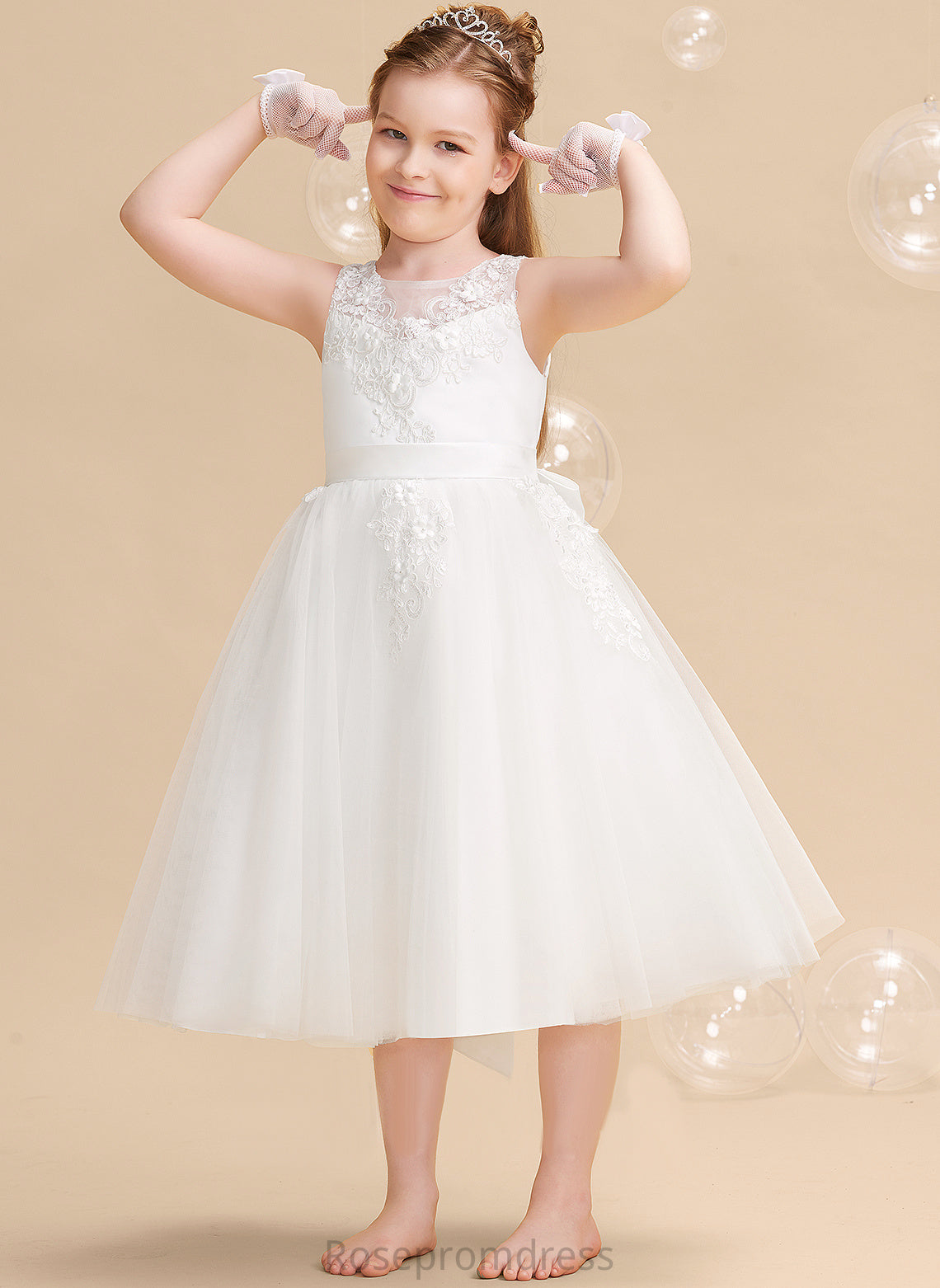 A-Line With Tea-length Sleeveless Beading/Flower(s) Meghan Tulle/Lace Dress - Flower Girl Scoop Flower Girl Dresses Neck