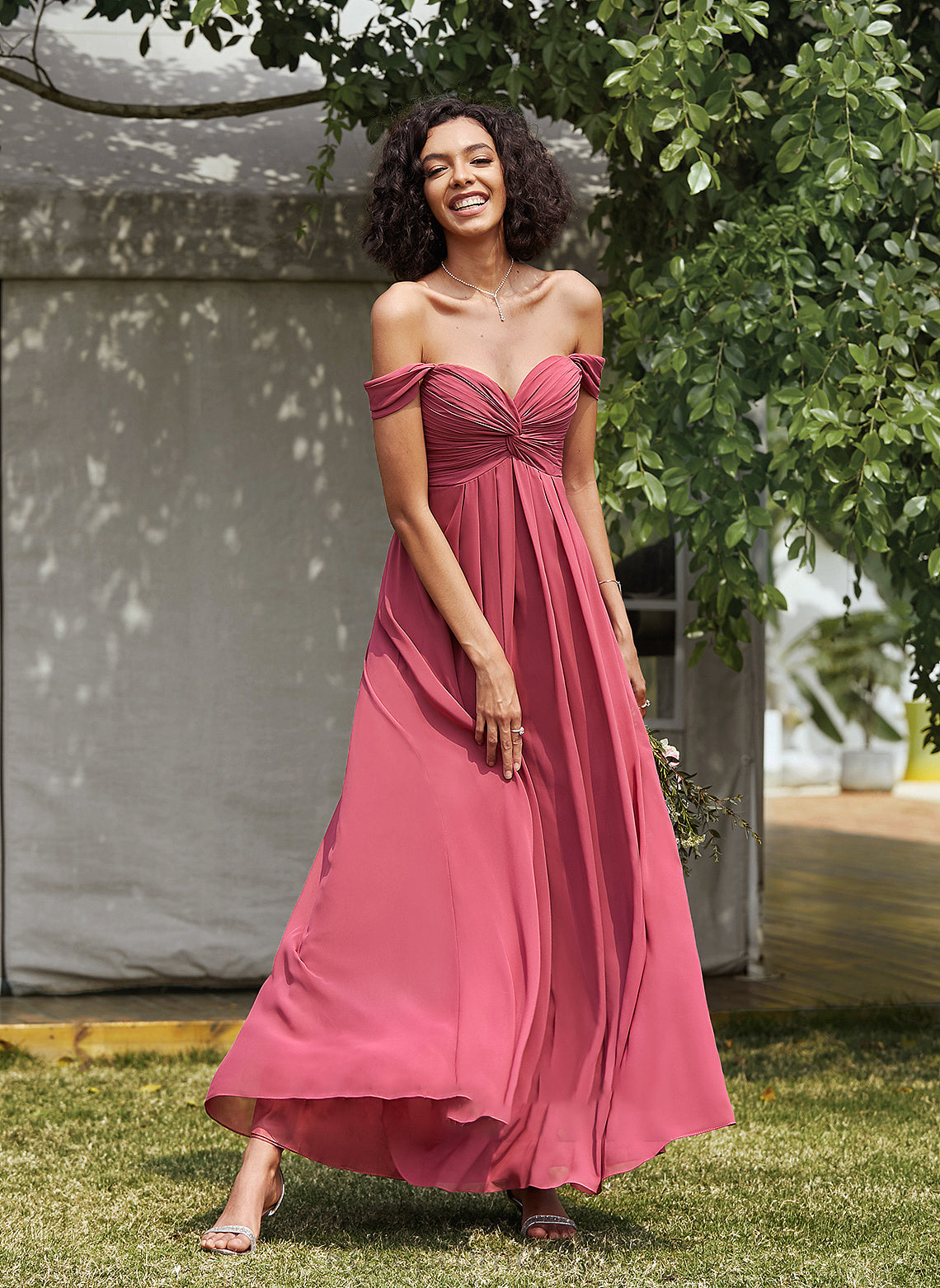A-Line Ruffle Floor-Length Off-the-Shoulder Length Silhouette Neckline Fabric Embellishment Briley Natural Waist Spaghetti Staps Bridesmaid Dresses