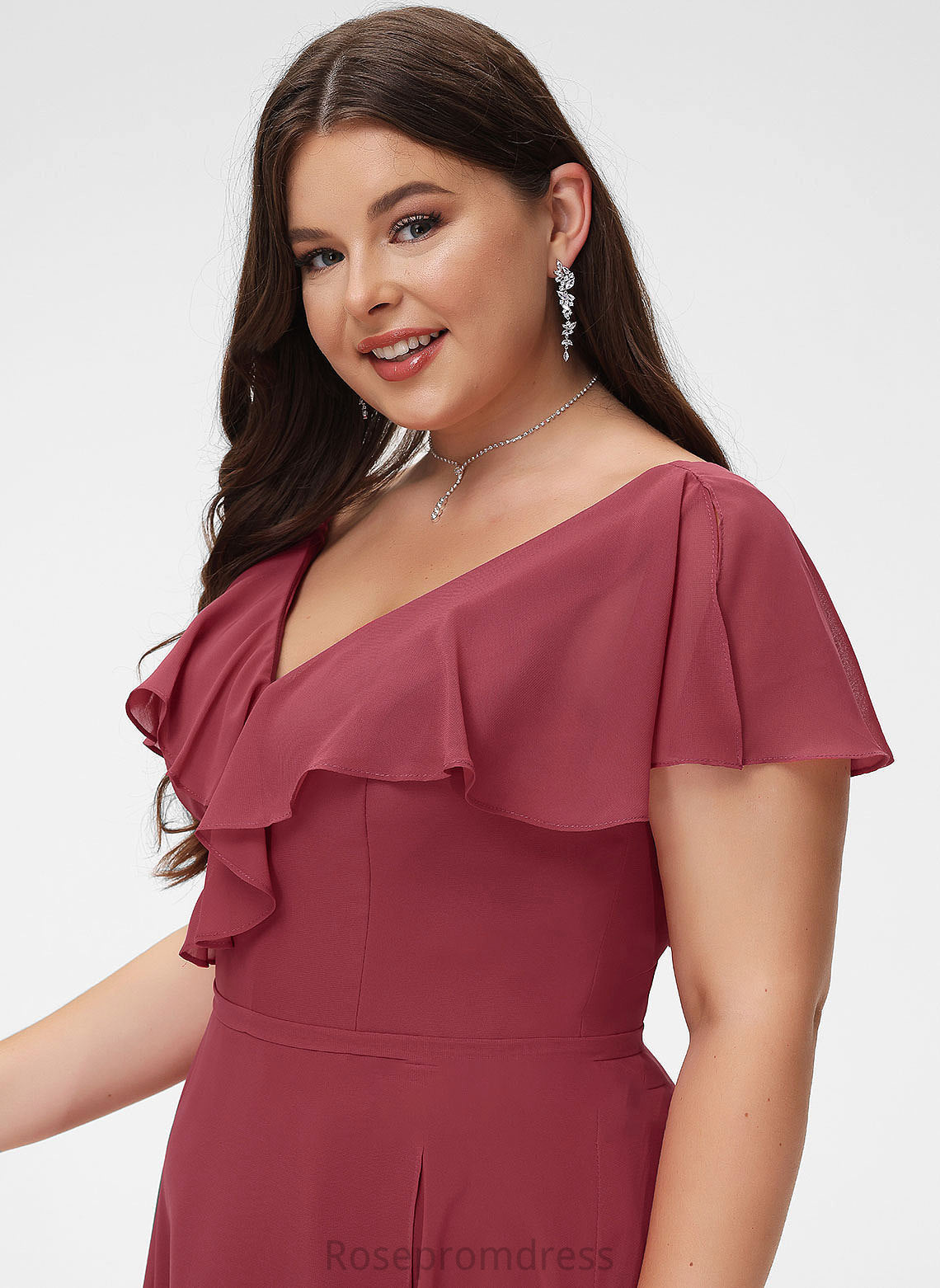 Neckline Fabric A-Line Silhouette Embellishment Length Ruffle V-neck Asymmetrical Violet Bridesmaid Dresses