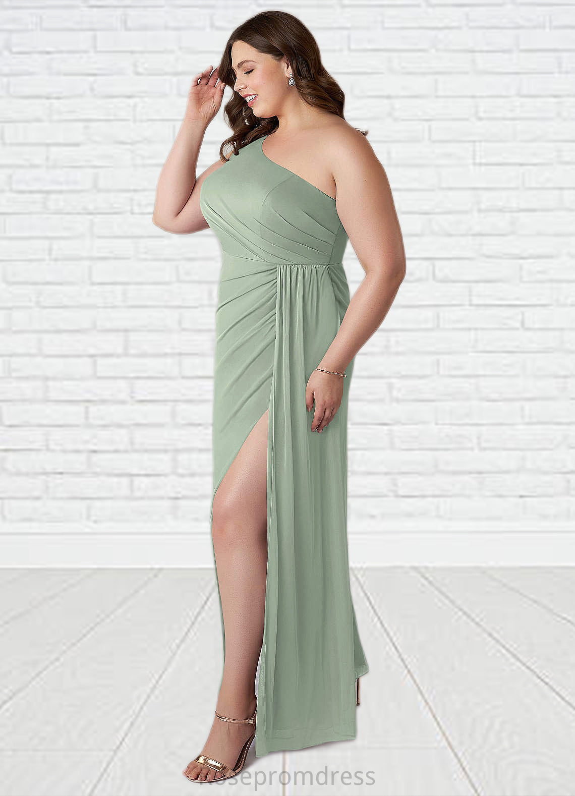 Sherry Sheath One Shoulder Mesh Floor-Length Dress SRSP0019635
