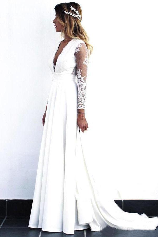 Charming White V Neck Long Sleeves Satin Wedding Dresses, Long Cheap Bridal Dresses SRS15507