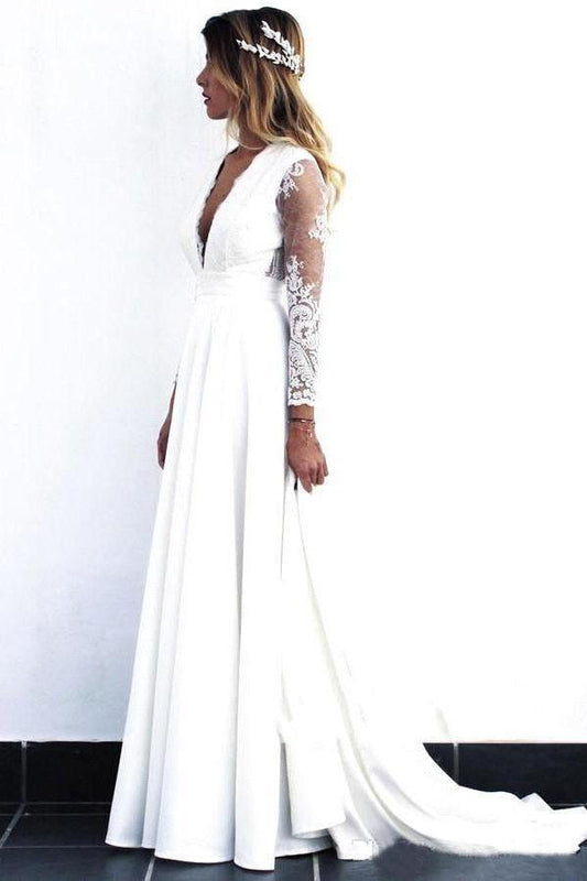 Charming White V Neck Long Sleeves Satin Wedding Dresses, Long Cheap Bridal Dresses SRS15507
