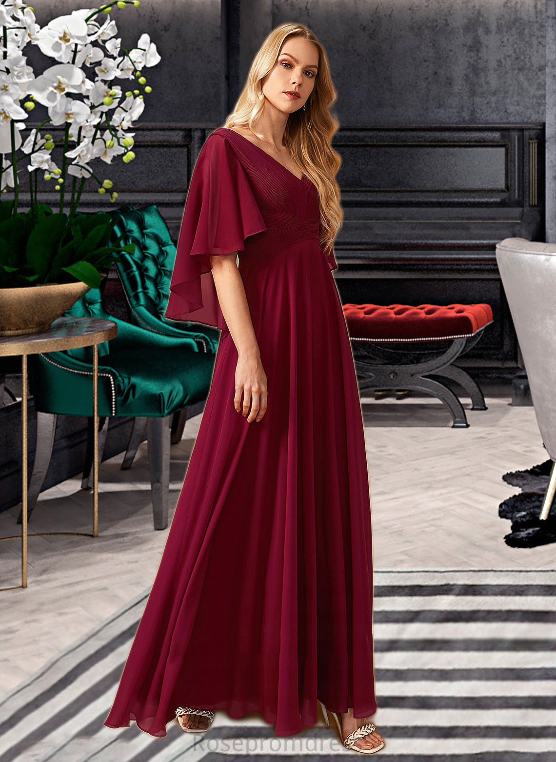 Micah A-Line V-neck Floor-Length Bridesmaid Dress With Ruffle SRSP0012769