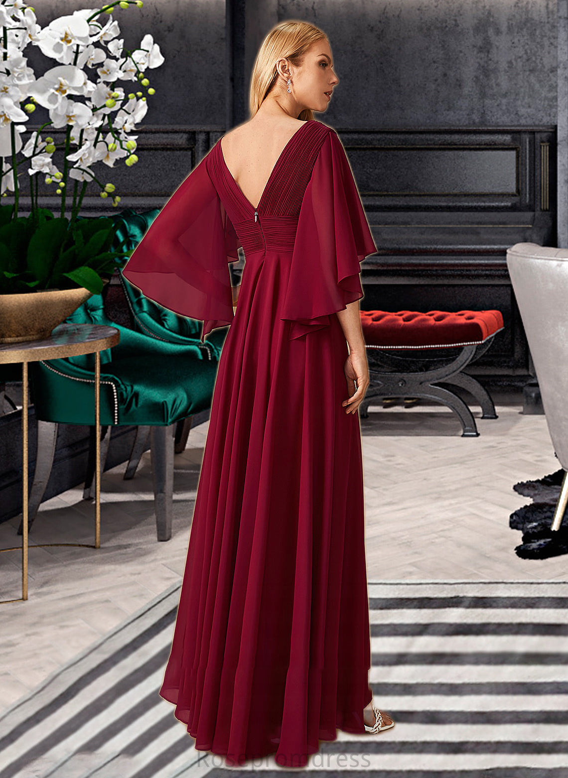 Micah A-Line V-neck Floor-Length Bridesmaid Dress With Ruffle SRSP0012769