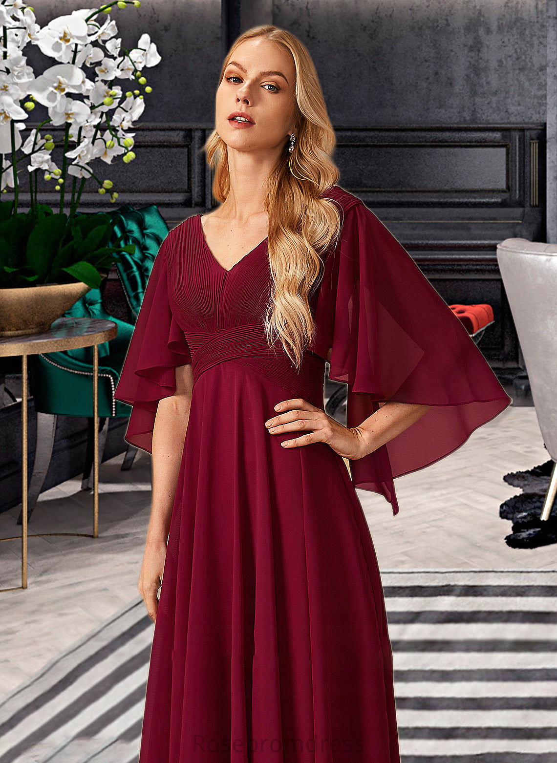 Micah A-Line V-neck Floor-Length Bridesmaid Dress With Ruffle SRSP0012769