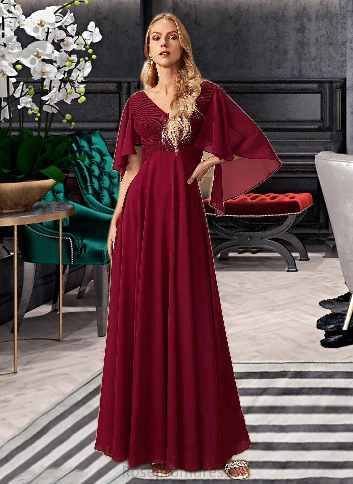 Micah A-Line V-neck Floor-Length Bridesmaid Dress With Ruffle SRSP0012769