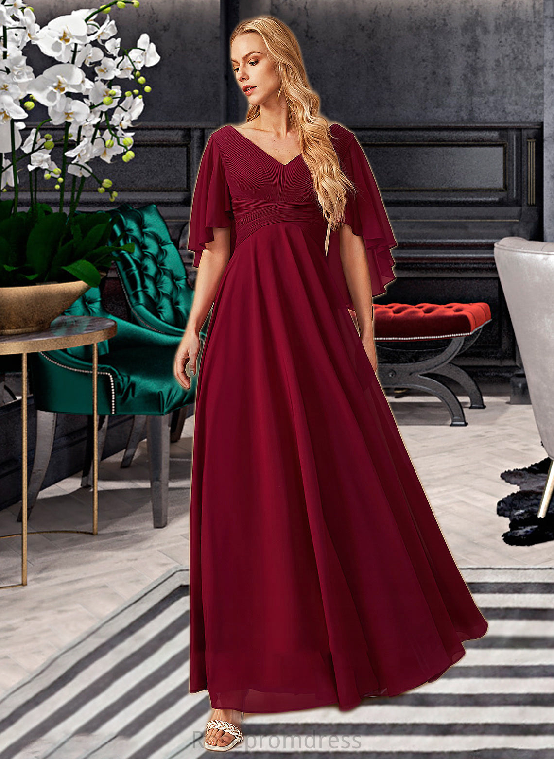 Micah A-Line V-neck Floor-Length Bridesmaid Dress With Ruffle SRSP0012769