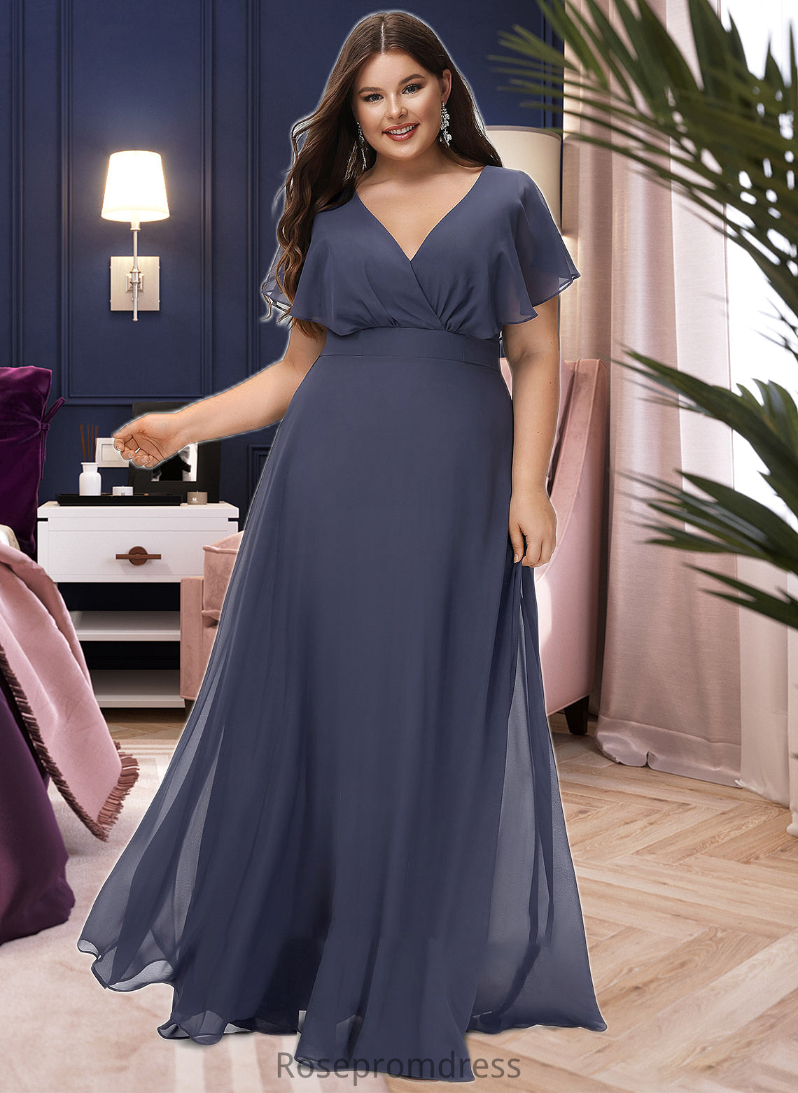 Everleigh A-Line V-neck Floor-Length Bridesmaid Dress SRSP0012770
