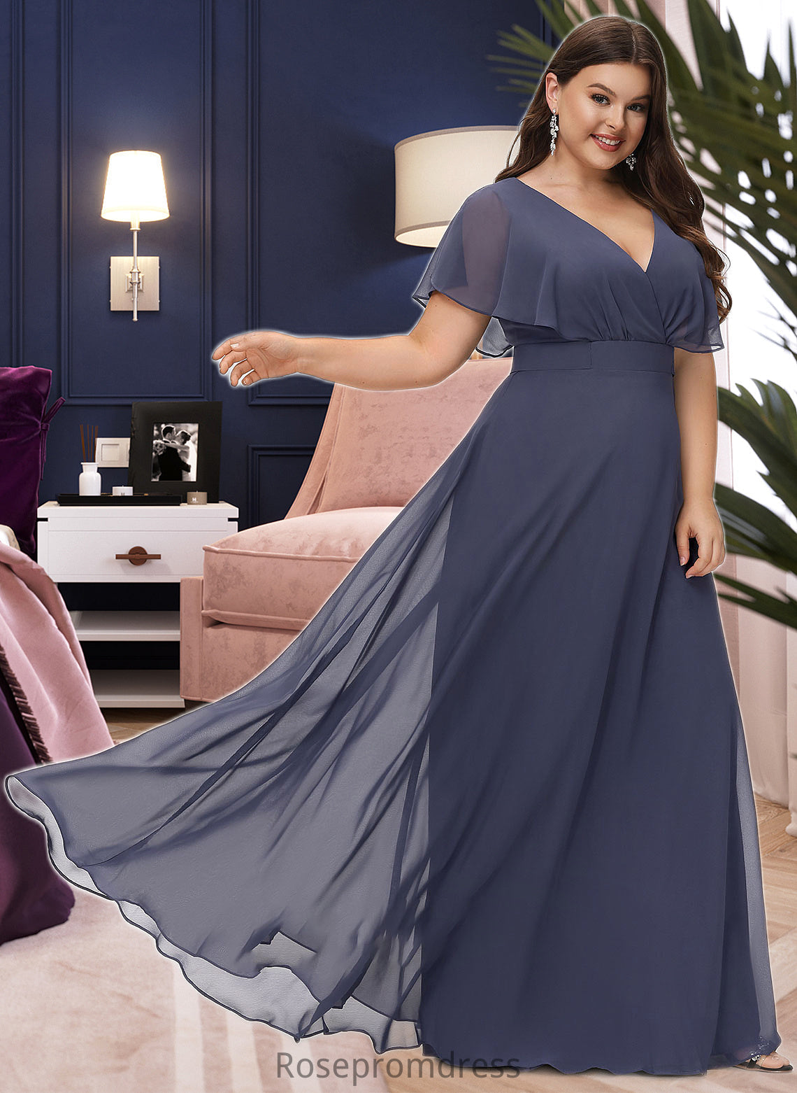 Everleigh A-Line V-neck Floor-Length Bridesmaid Dress SRSP0012770