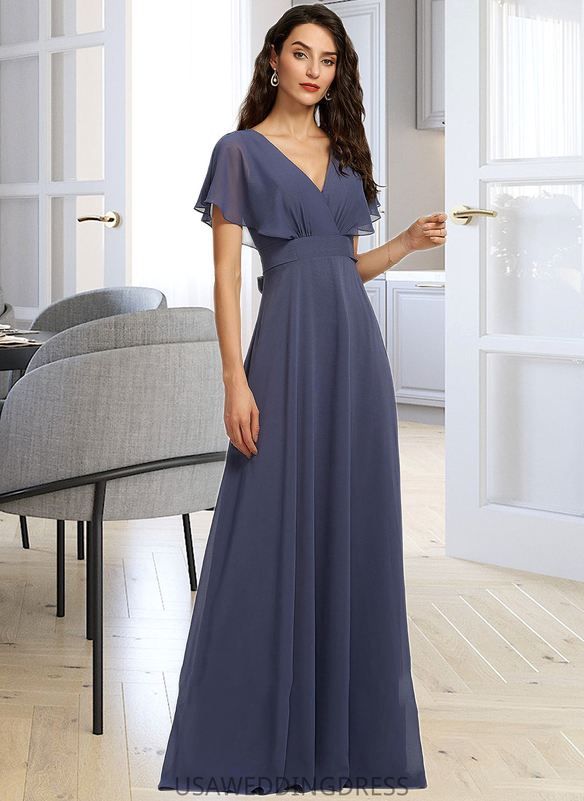 Evelyn A-Line V-neck Floor-Length Bridesmaid Dress DSP0012770