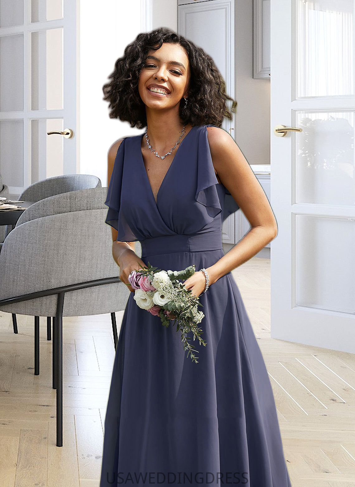 Evelyn A-Line V-neck Floor-Length Bridesmaid Dress DSP0012770