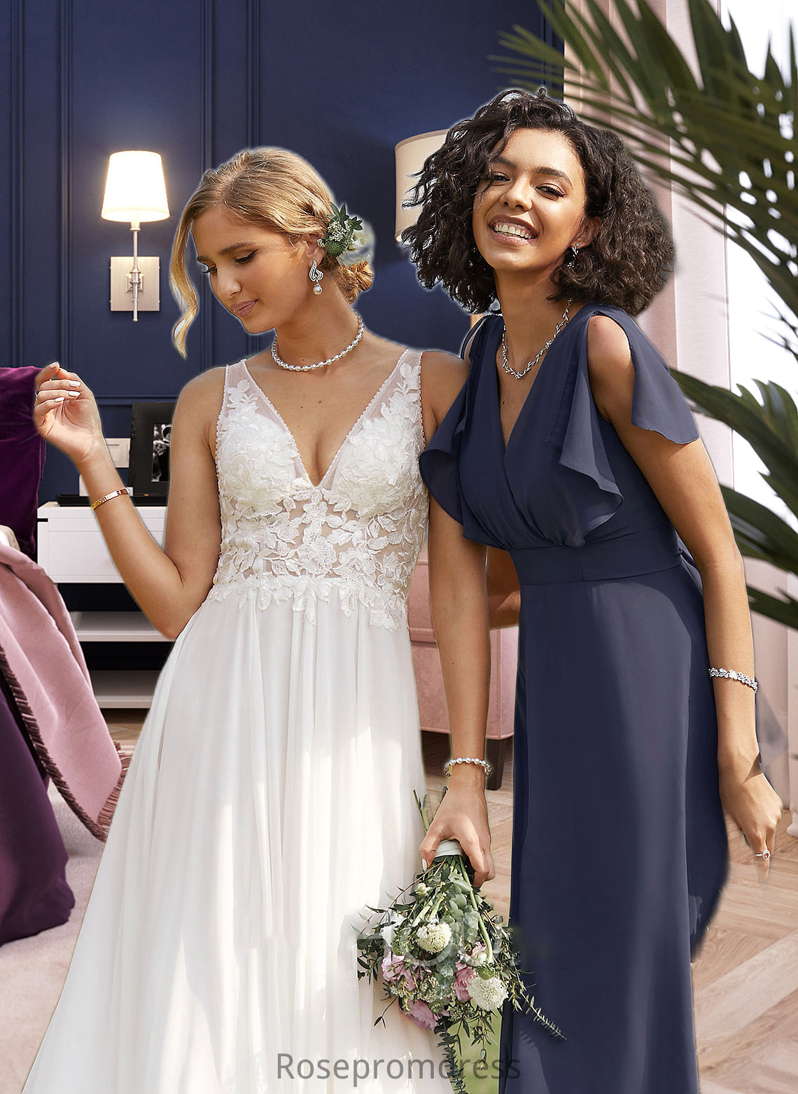 Everleigh A-Line V-neck Floor-Length Bridesmaid Dress SRSP0012770