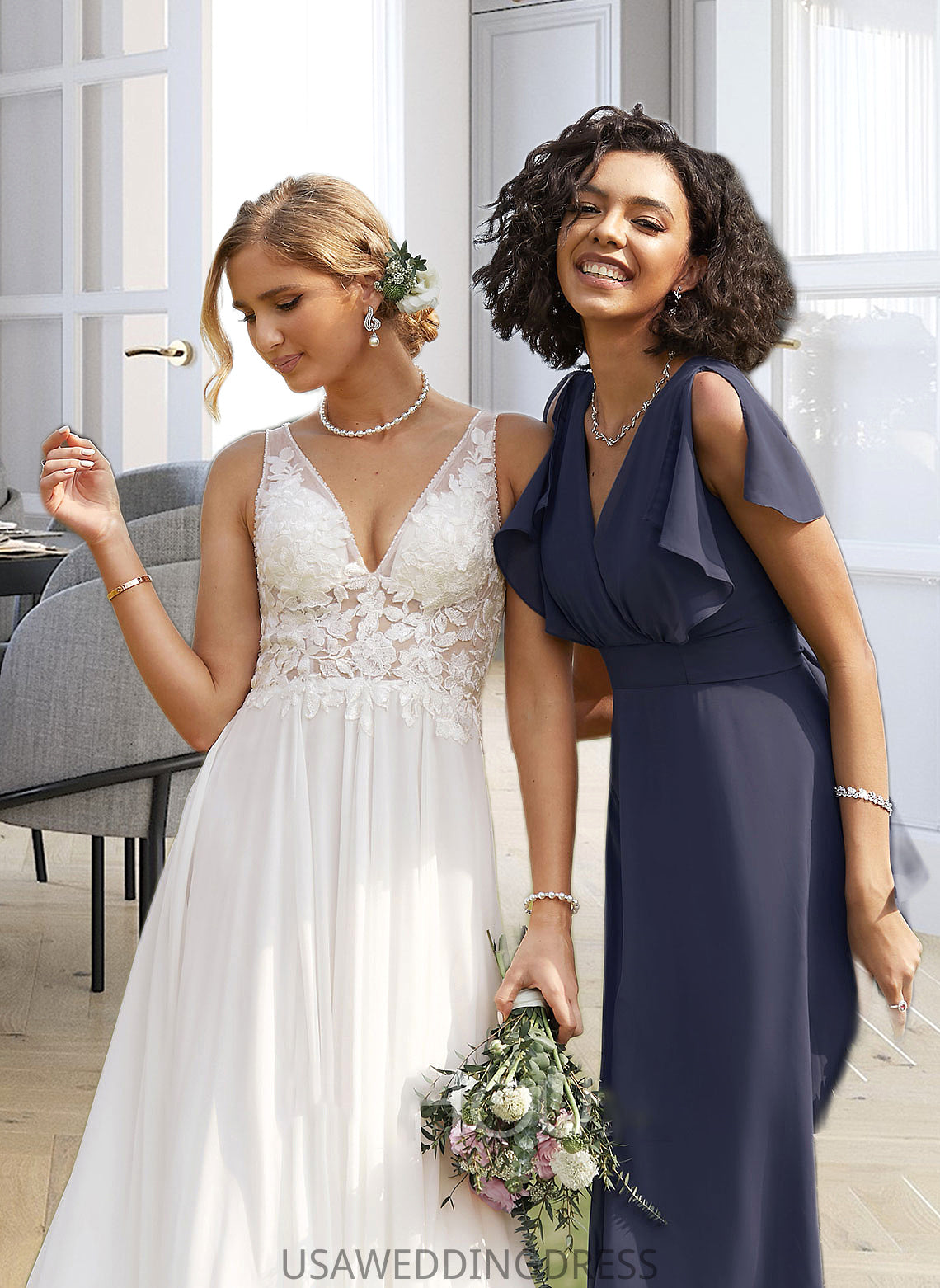 Evelyn A-Line V-neck Floor-Length Bridesmaid Dress DSP0012770