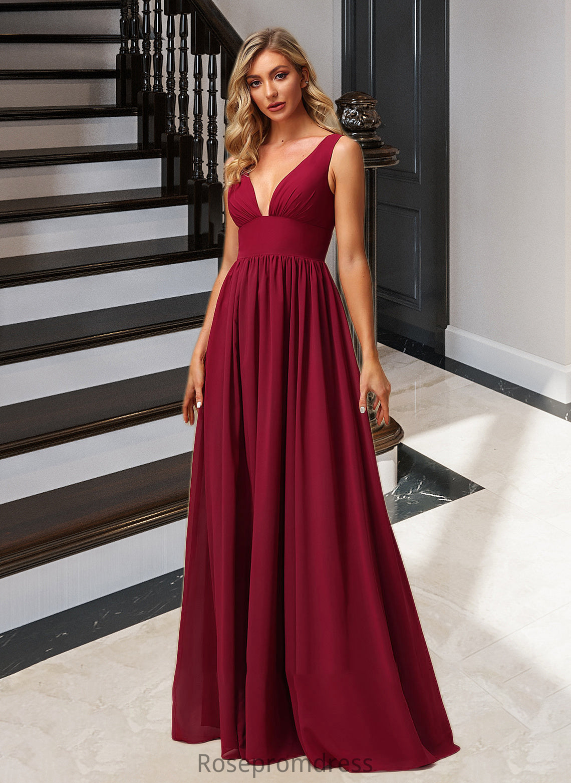 Marina A-Line V-neck Floor-Length Bridesmaid Dress With Split Front SRSP0012771