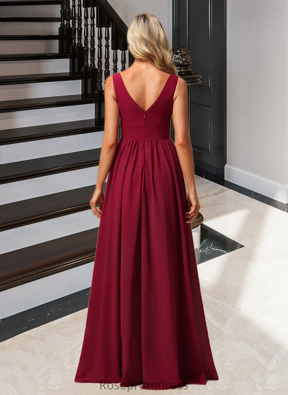Marina A-Line V-neck Floor-Length Bridesmaid Dress With Split Front SRSP0012771
