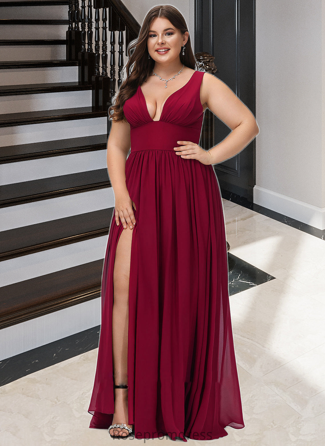 Marina A-Line V-neck Floor-Length Bridesmaid Dress With Split Front SRSP0012771