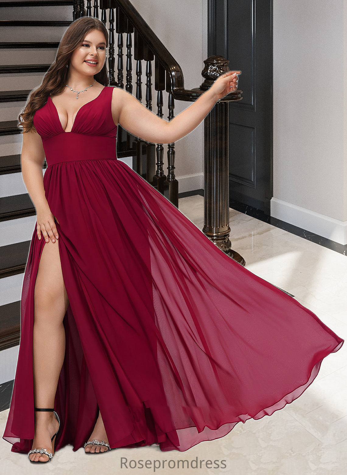 Marina A-Line V-neck Floor-Length Bridesmaid Dress With Split Front SRSP0012771