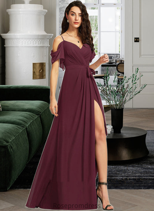 Taniyah A-Line V-neck Floor-Length Bridesmaid Dress With Ruffle Split Front SRSP0012772