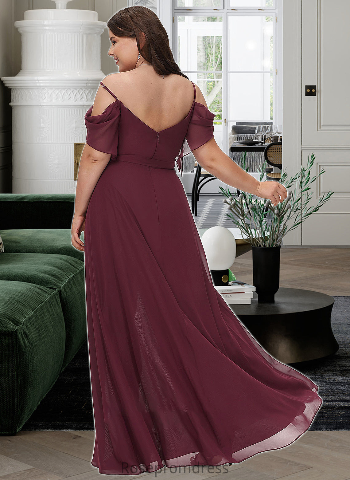 Taniyah A-Line V-neck Floor-Length Bridesmaid Dress With Ruffle Split Front SRSP0012772